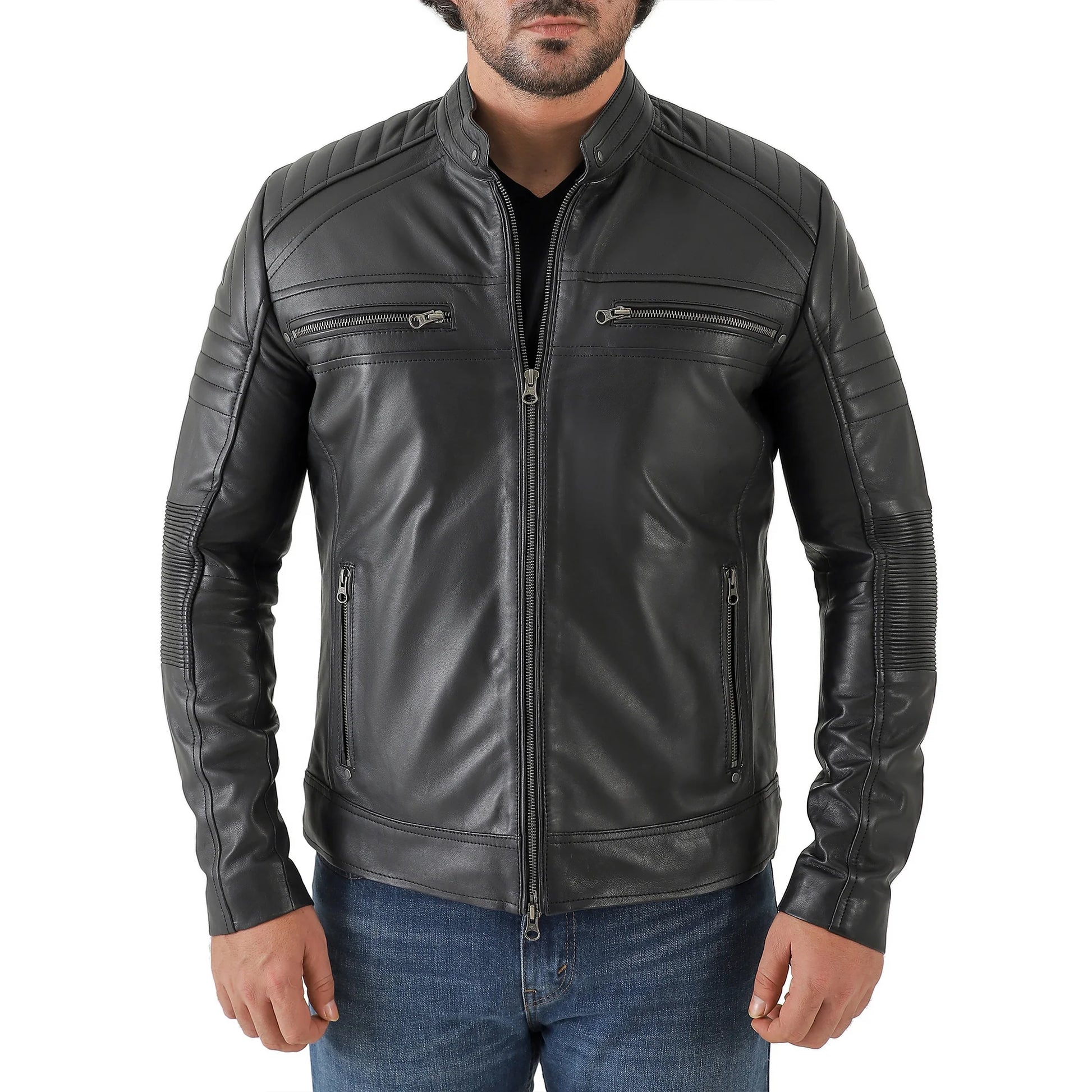 Men's black cafe racer leather jacket – back view