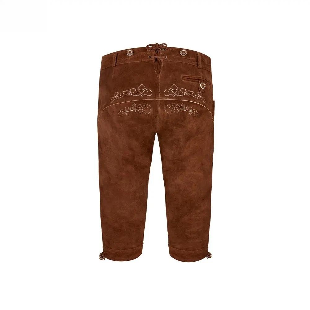 Back view of men's handcrafted brown leather lederhosen with botanical embroidery detail