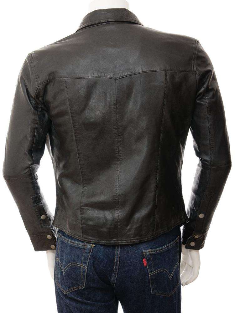 Premium cow leather casual shirt for men in solid black – Like Leather UK