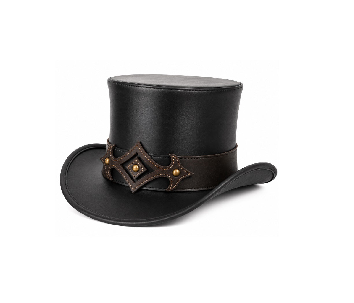 A black leather top hat with a decorative brown band and gold-tone studs, shown on a plain white background.