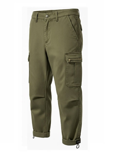 Olive green cargo pants with side flap pockets and adjustable cuffs, shown on a plain white background.