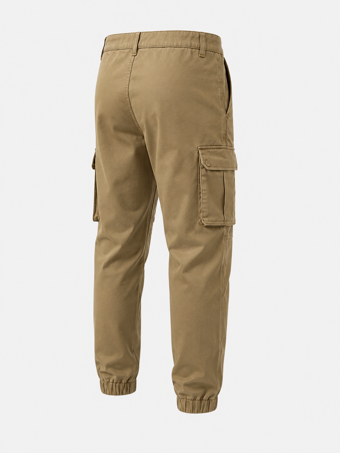 Men's Khaki Cotton Twill Cargo Jogger Trousers 3/4 back angle view showing cargo pocket and elasticated cuff detail