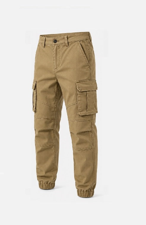 A pair of khaki cargo pants with elastic cuffed ankles, shown on a light gray background.