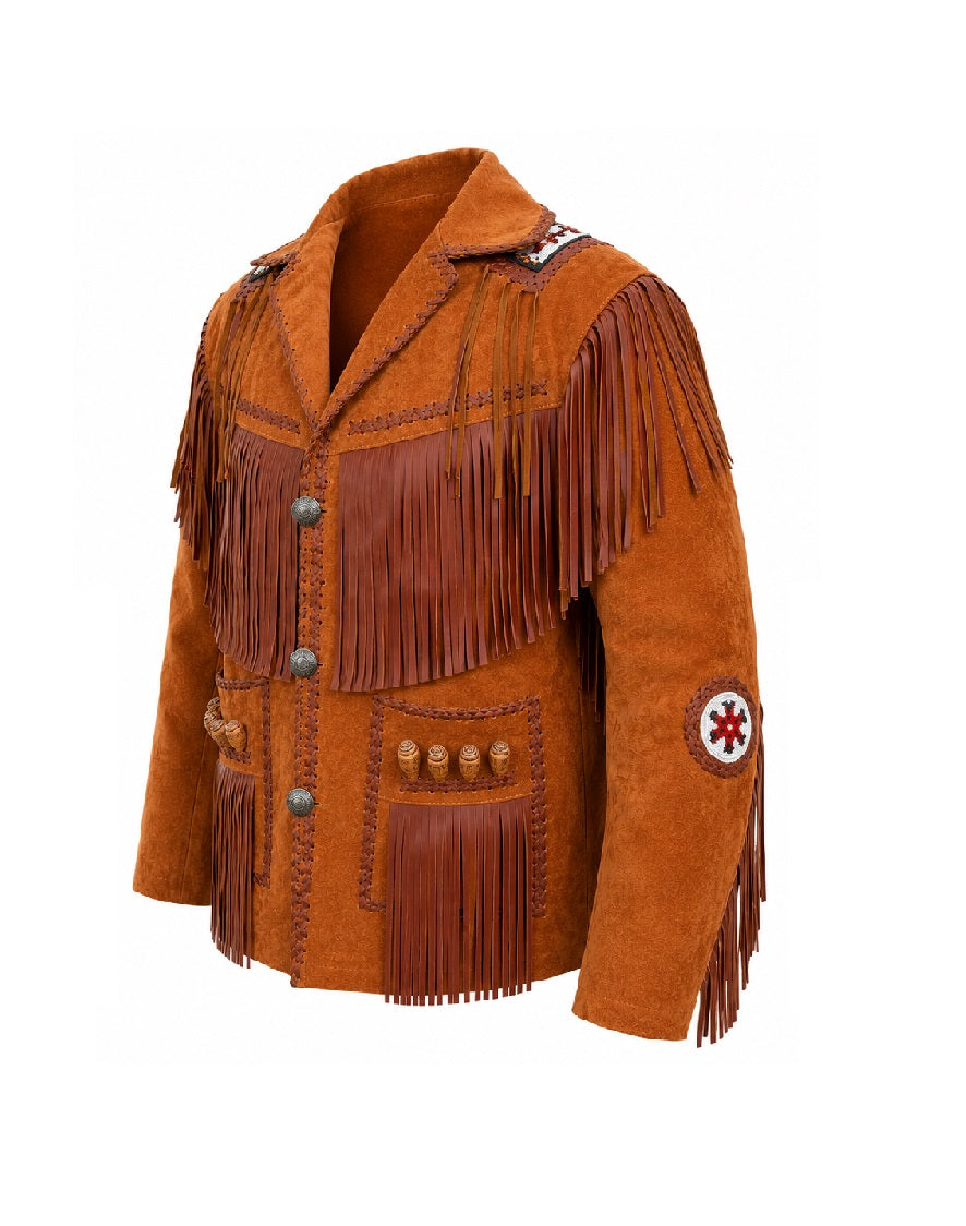 A brown suede and leather fringed jacket with decorative buttons, beadwork, and a circular patch on the sleeve, shown against a plain white background.