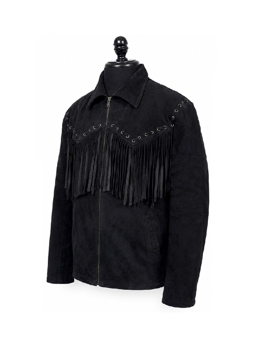 Men's Black Suede Fringe Jacket 3/4 front angle view showing fringe movement and western yoke detail