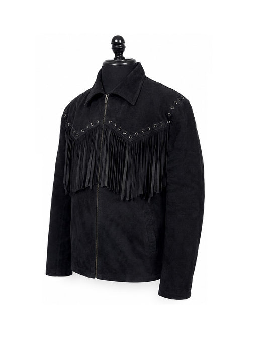 Men's Black Suede Fringe Jacket 3/4 front angle view showing fringe movement and western yoke detail