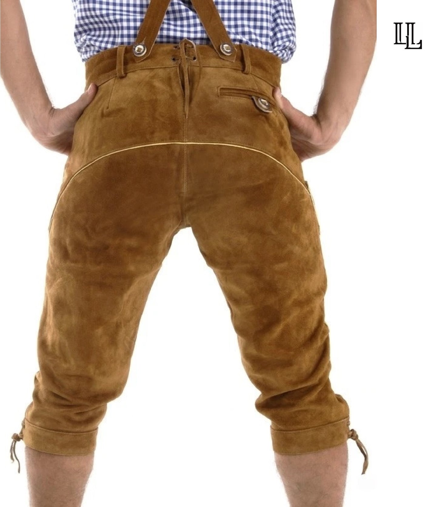 Men's leather lederhosen in tan – back view