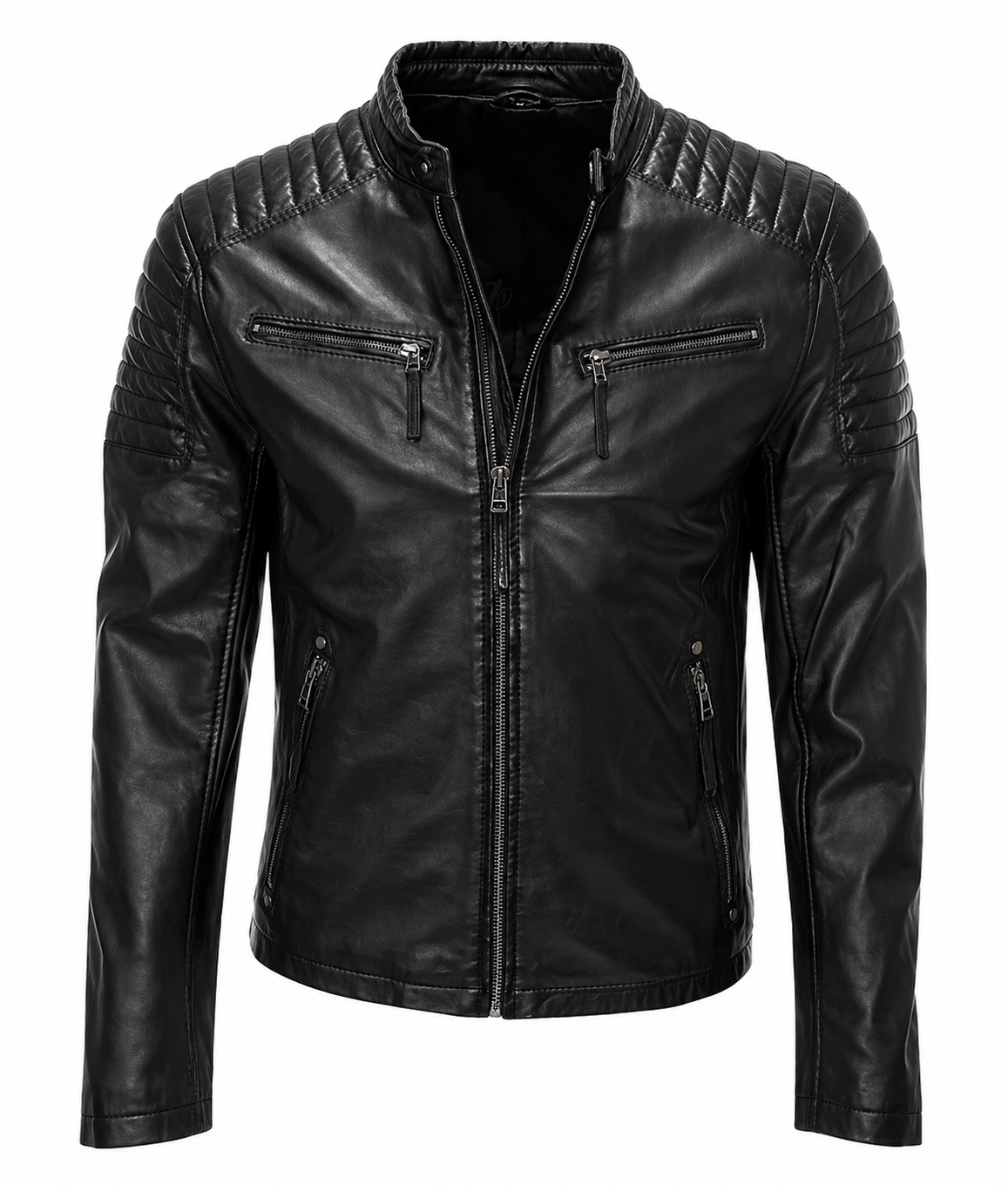 Black leather jacket with zippers on a white background