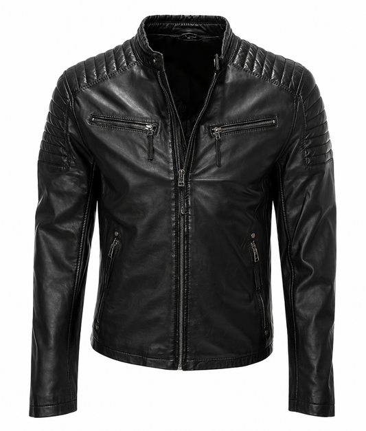 Black leather jacket with zippers on a white background