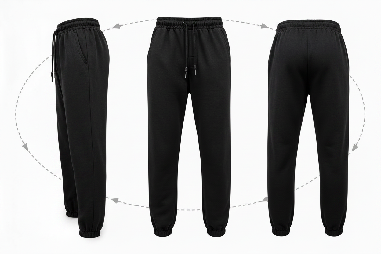 Three views of black jogger sweatpants on a white background, showing the front, side, and back angles with a dashed circular arrow indicating a multi-angle presentation.