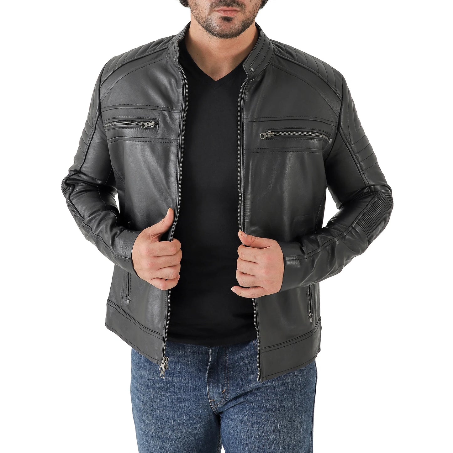 Men's black cafe racer leather jacket – front view