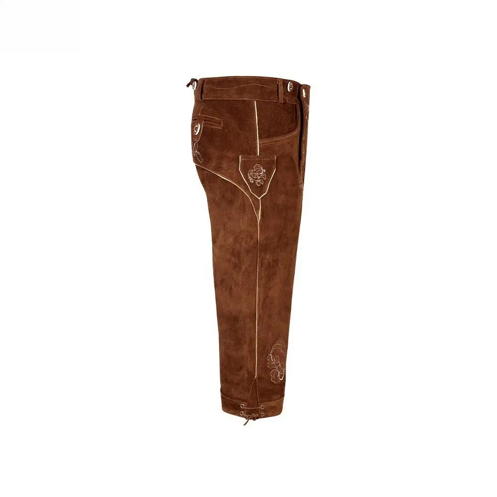 Side profile of men's premium suede leather lederhosen with embroidered knee patch