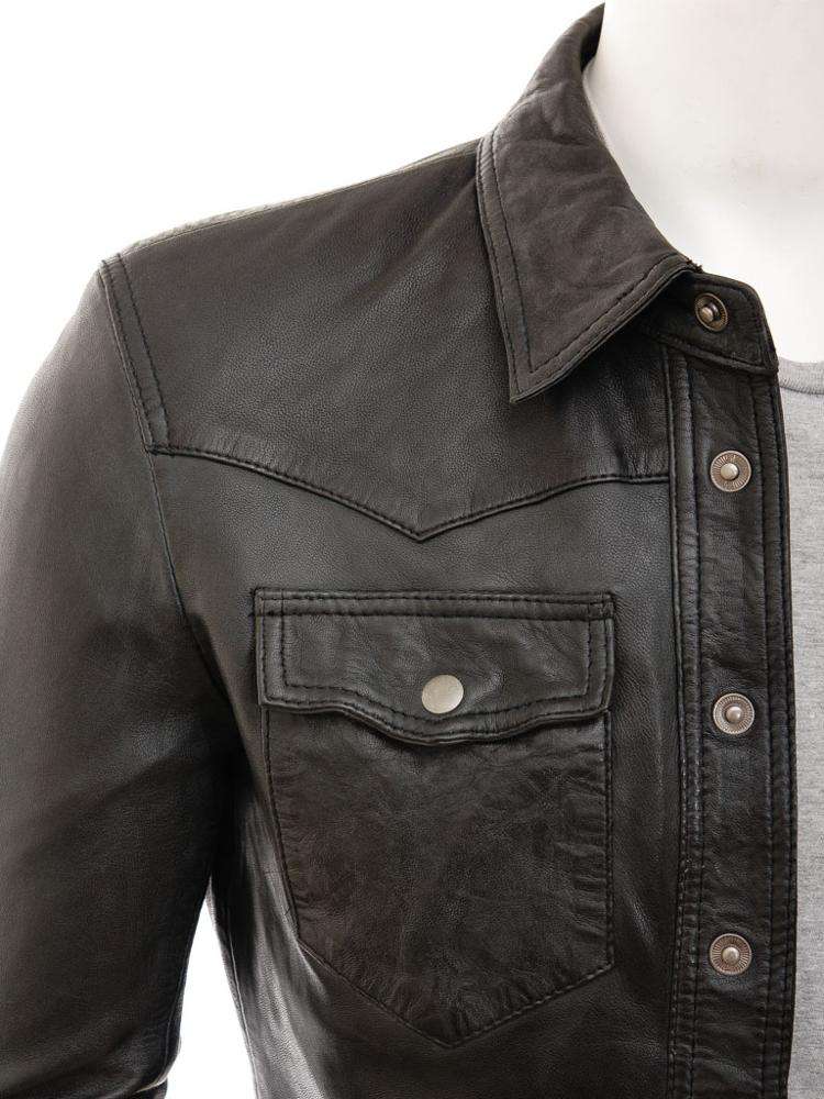 Men's England style full sleeve black leather shirt with turn-down collar