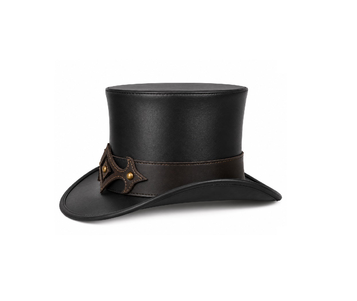 A black top hat with a brown band and decorative brown bow detail with gold-tone studs, shown on a plain white background.