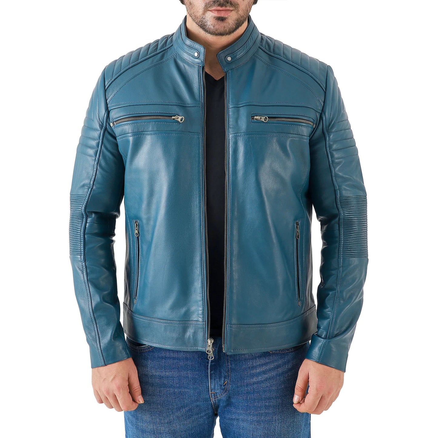 Men's black cafe racer leather jacket – close-up of collar
