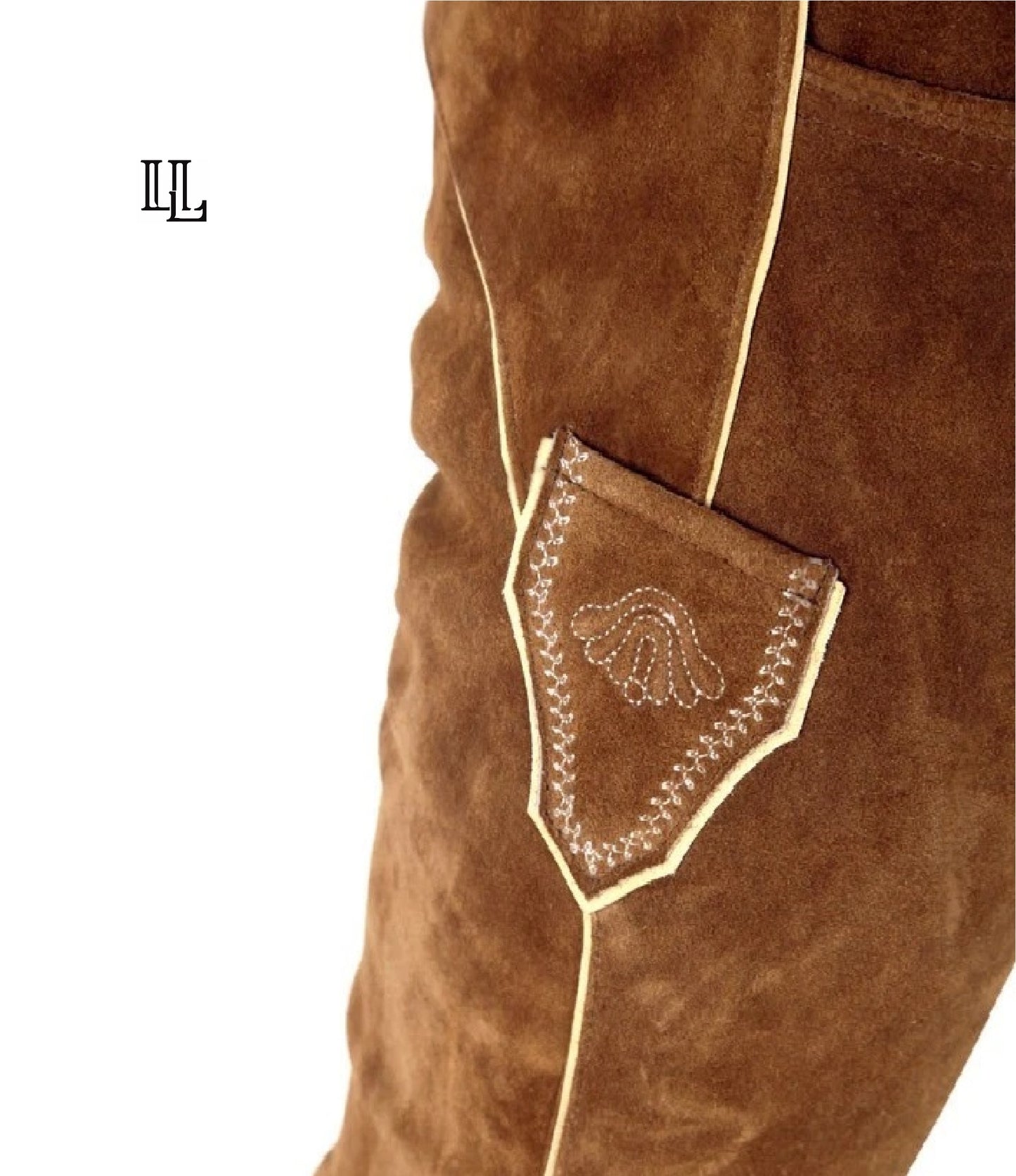 Men's leather lederhosen in tan – close-up of embroidery