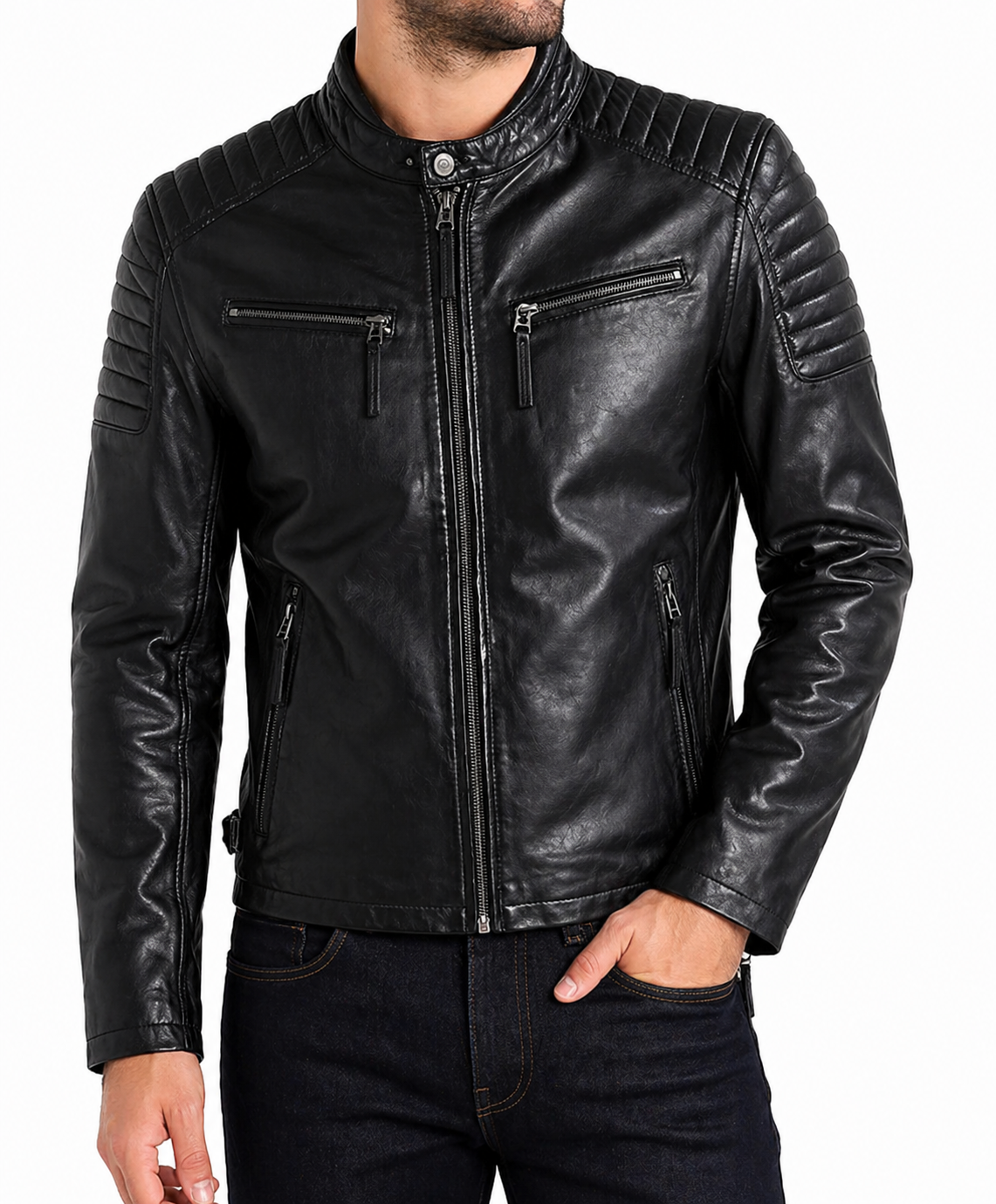 Black leather jacket worn by a person on a white background