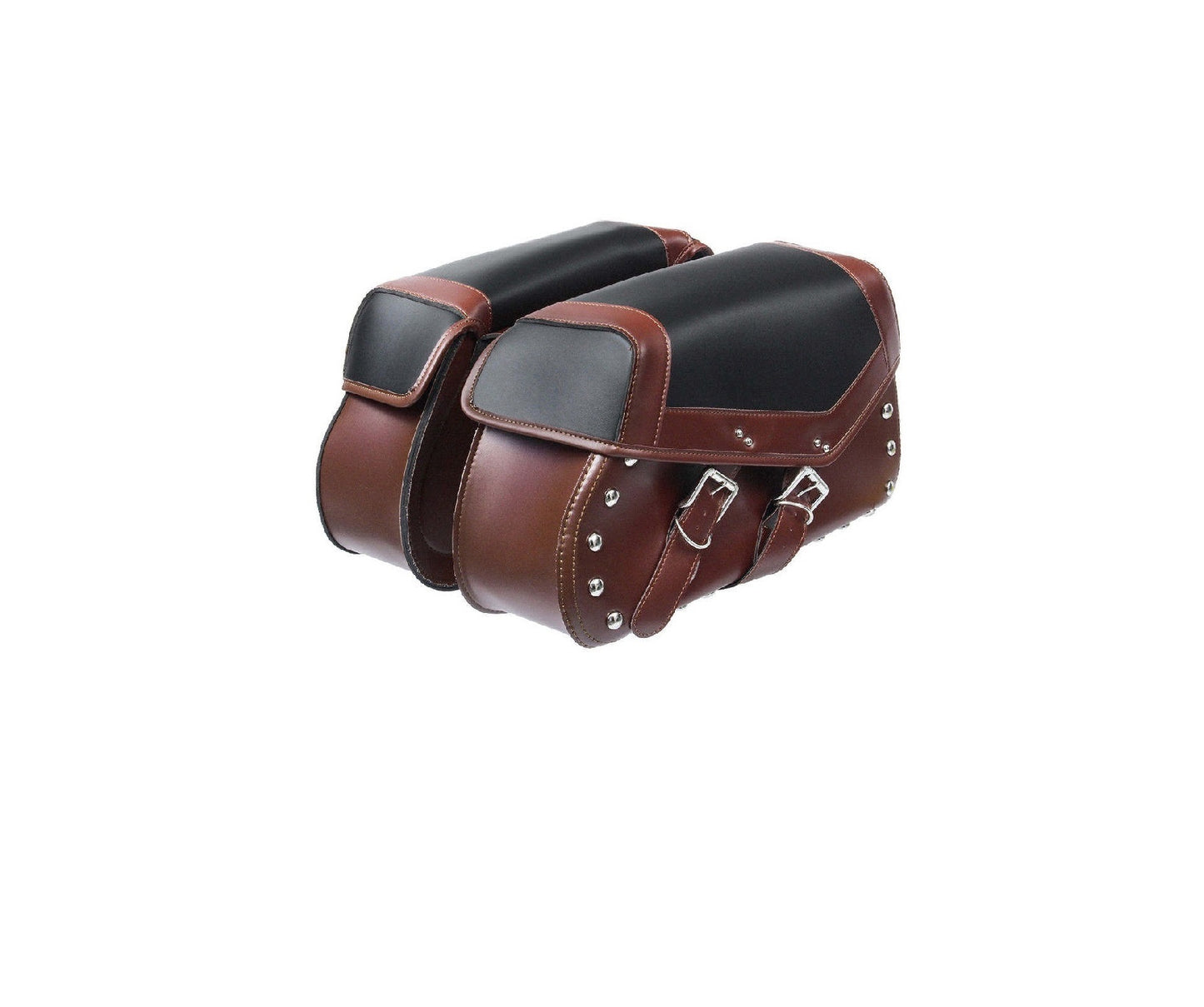 Pair of brown leather saddlebags on a white background