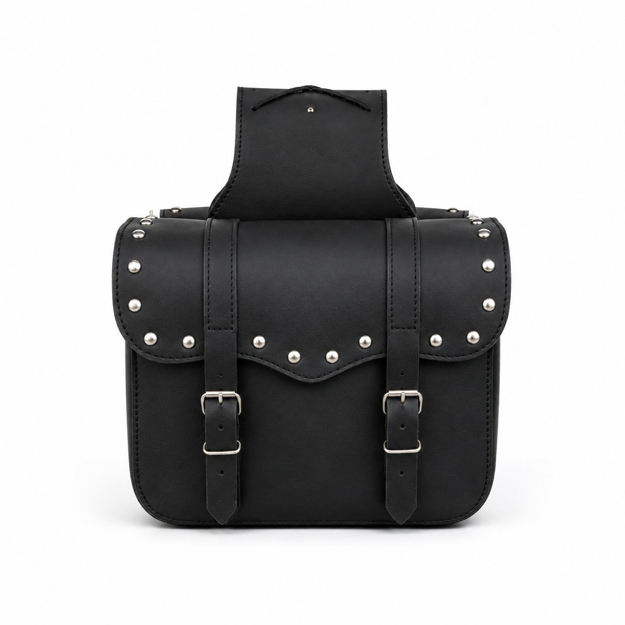 Black leather saddlebag with studs on a white background