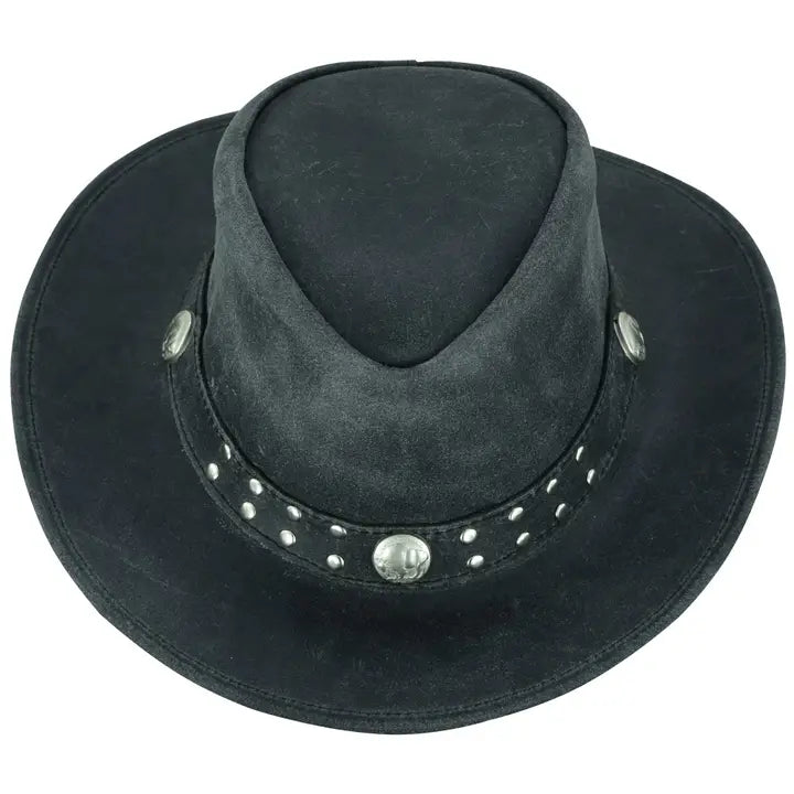 distressed finish and wide brim
