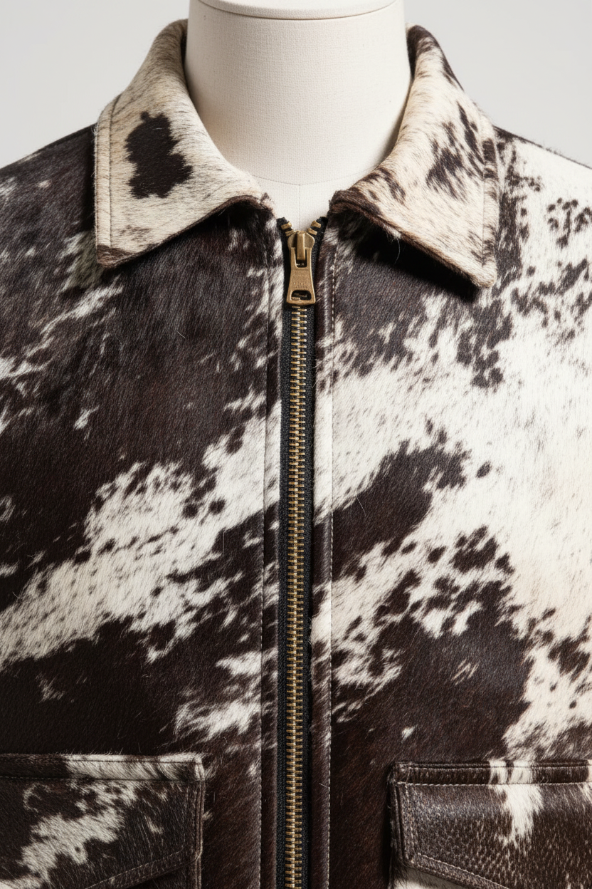 A close-up of a cow-print jacket on a mannequin torso, featuring a black and white mottled pattern, a gold-tone front zipper, and a matching collar.
