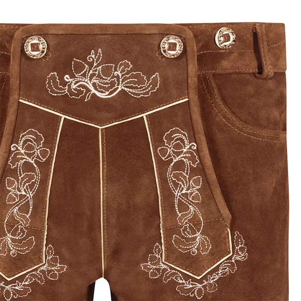 Close-up of hand-embroidered floral motif on brown suede leather lederhosen bib
