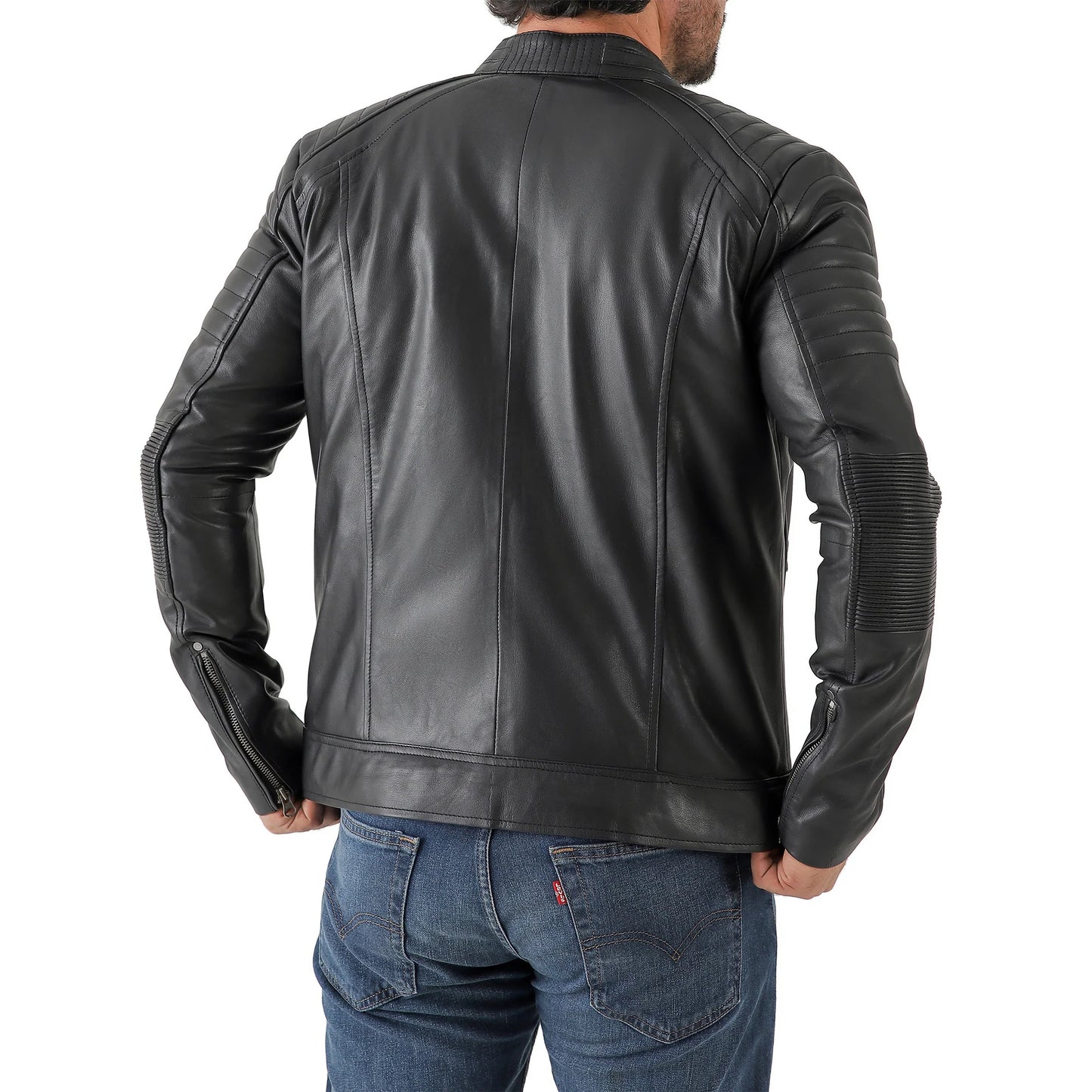 Men's black cafe racer leather jacket – worn front view