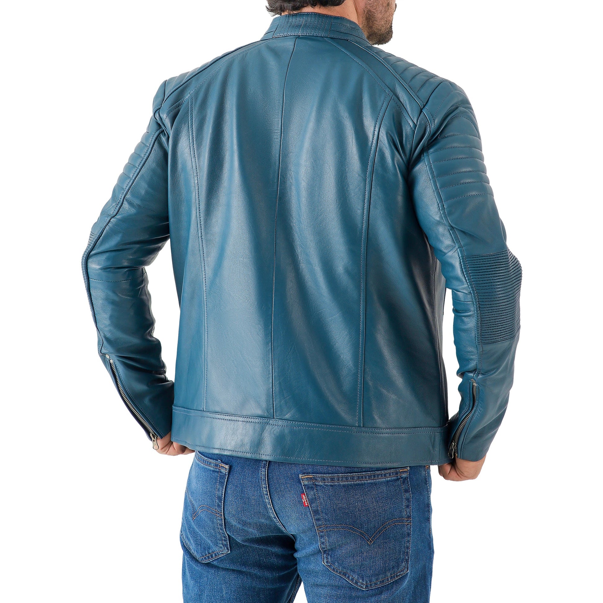 Men's black cafe racer leather jacket – close-up of sleeve