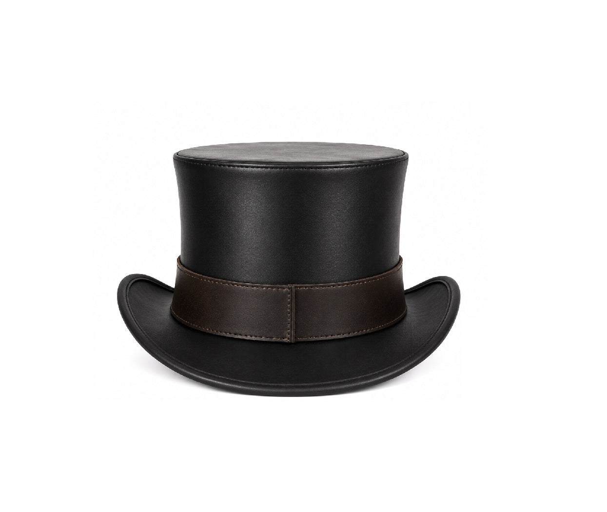 A black leather top hat with a dark brown leather band, shown from a front-facing perspective on a solid white background.