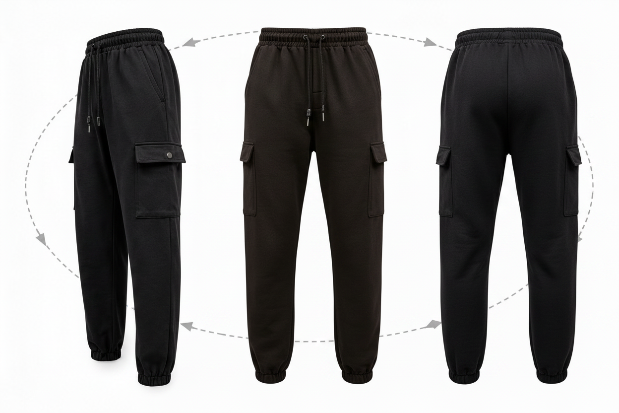 Three views of black cargo jogger pants on a white background, showing the front, back, and side profiles. The pants feature an elastic waistband with a drawstring, tapered legs, and multiple cargo pockets.