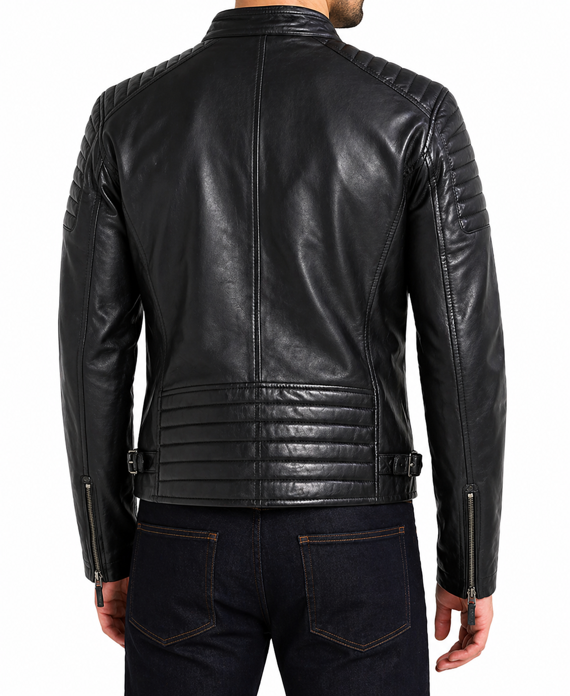 Black leather jacket worn by a person on a white background
