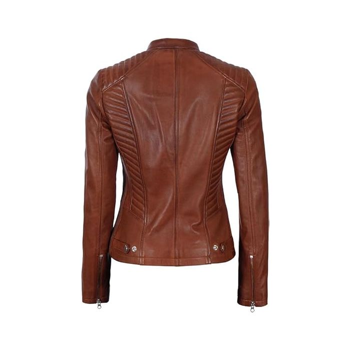 Women's Brown Leather Biker Jacket Back View Showing Quilted Panel Detail
