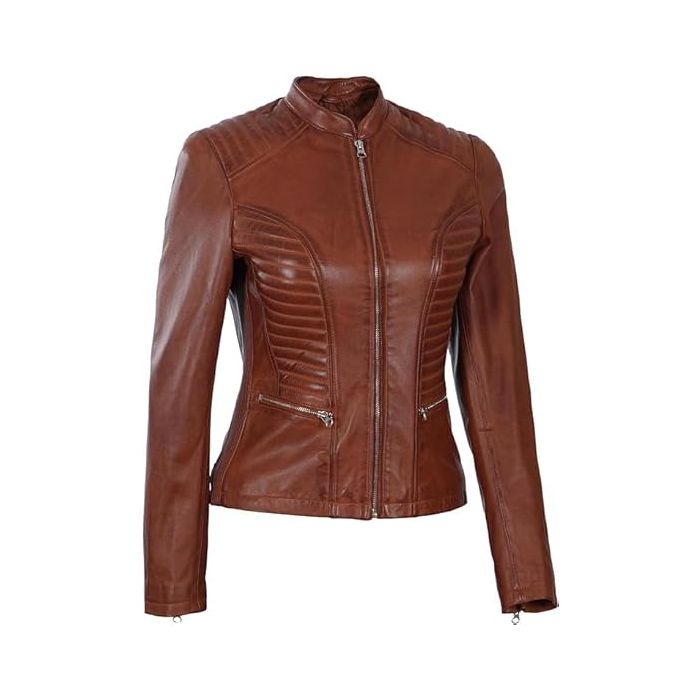 Women's Brown Leather Biker Jacket Front View with Gold Zip and Quilted Panels