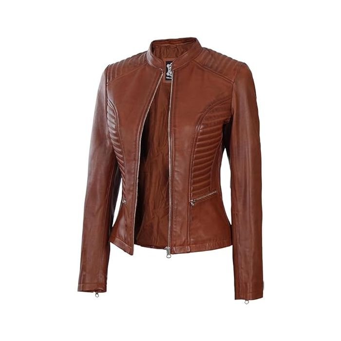 Women's Brown Leather Biker Jacket Open Front View Showing Quilted Side Panels