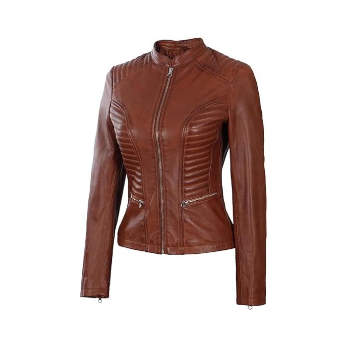 Women's Brown Leather Biker Jacket Three Quarter View with Fitted Silhouette