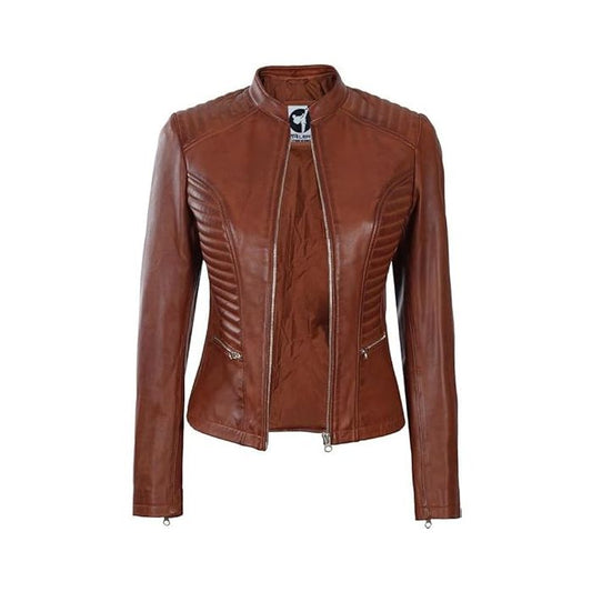 Women's Brown Leather Biker Jacket Front View Open with Gold Zip Hardware
