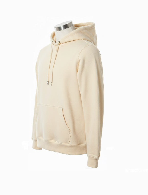A cream-colored pullover hoodie displayed on a mannequin torso against a plain white background.