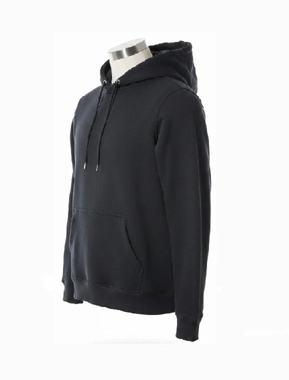 A black pullover hoodie displayed on a mannequin torso against a plain white background.