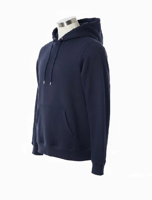 A navy blue pullover hoodie displayed on a mannequin torso against a plain white background.