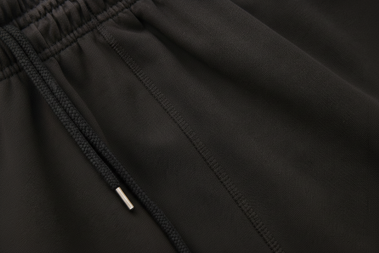 Close-up detail of black athletic pants showing the elastic waistband, drawstring, and fine stitching.