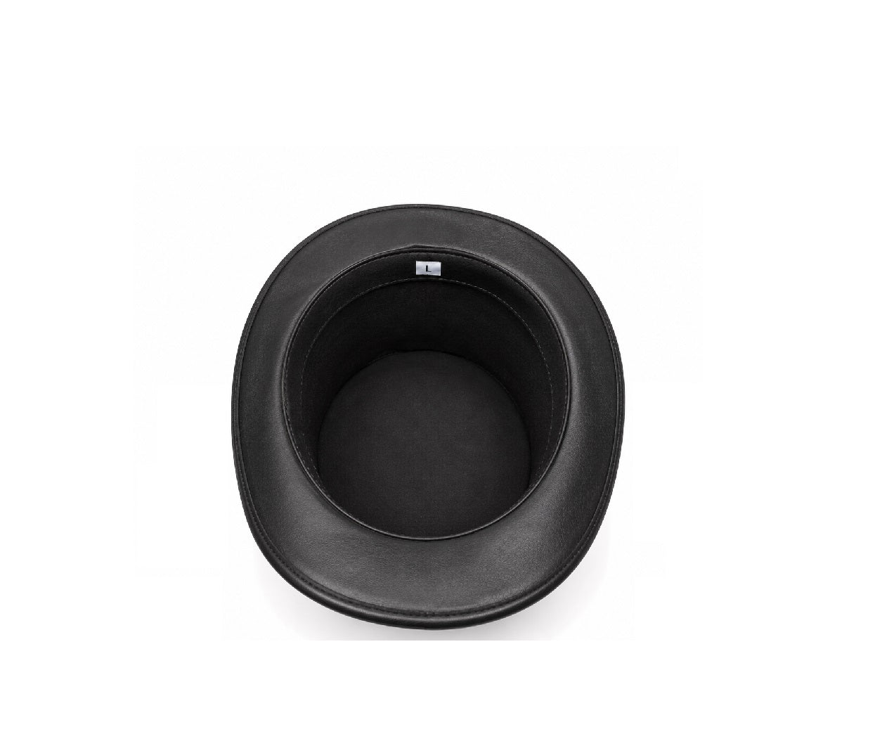 A black leather or faux-leather top hat viewed from directly above on a clean white background.