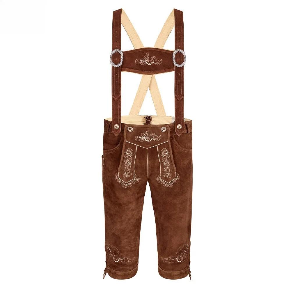 Men's brown leather lederhosen with adjustable embroidered suspenders — full front view