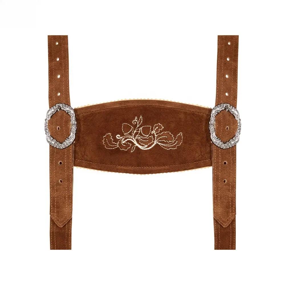 Embroidered leather suspender brace with ornate silver buckles — handcrafted detail