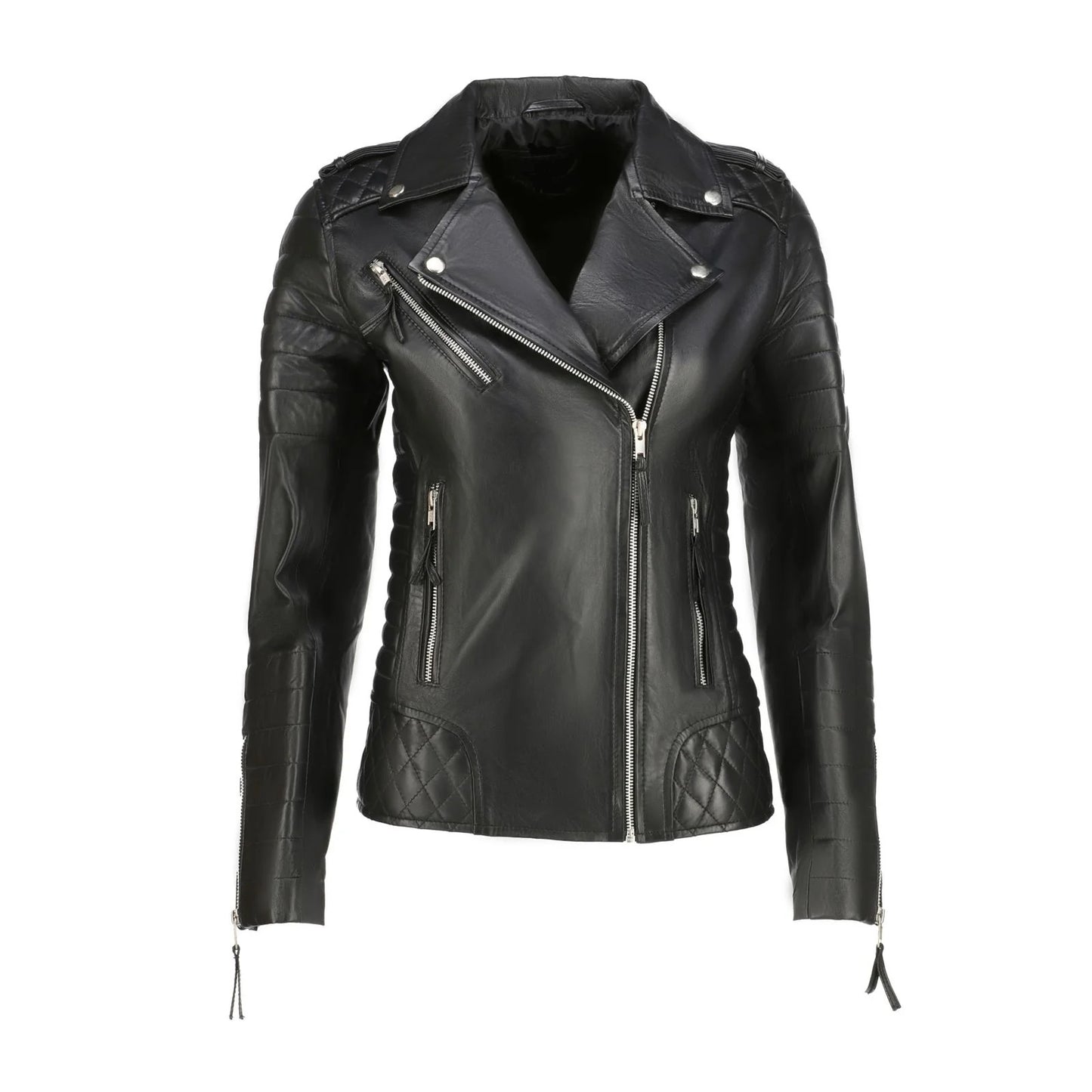 Black leather jacket with zippers on a white background