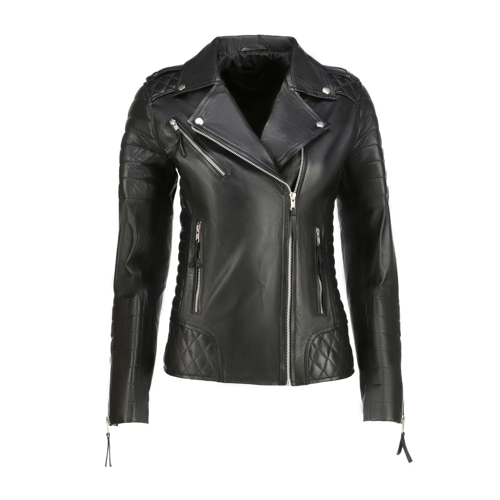 Black leather jacket with zippers on a white background