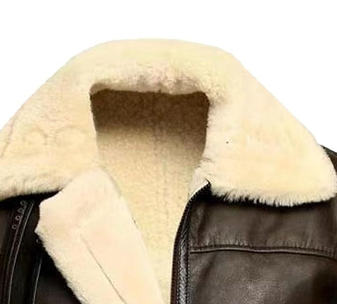 Close-up of a leather jacket with a fur-lined collar