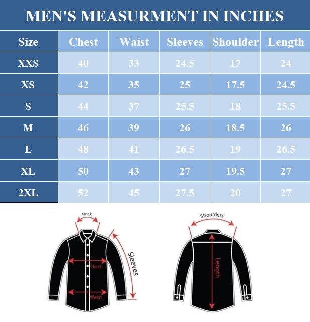 A men's measurement chart in inches showing chest, waist, sleeves, shoulder, and length measurements for sizes XXS through 2XL, with two illustrated shirt views below labeled for measurement reference.
