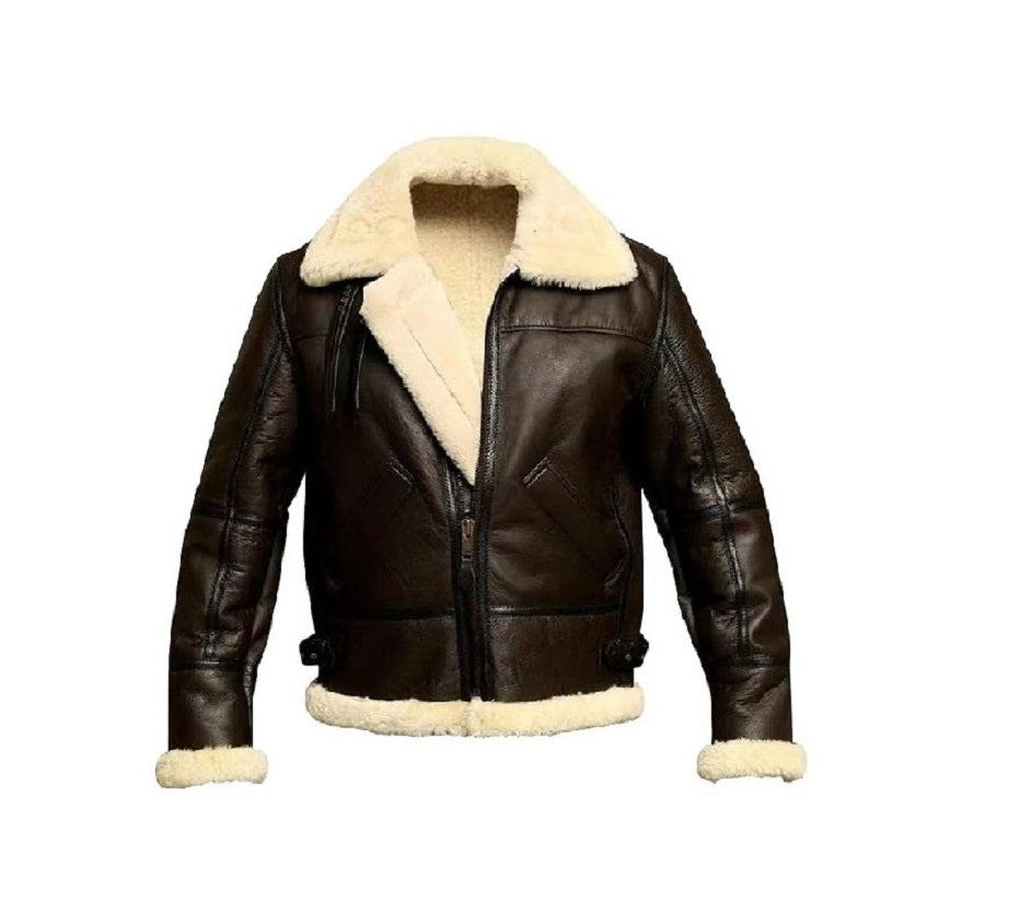 Brown leather jacket with white fur lining 