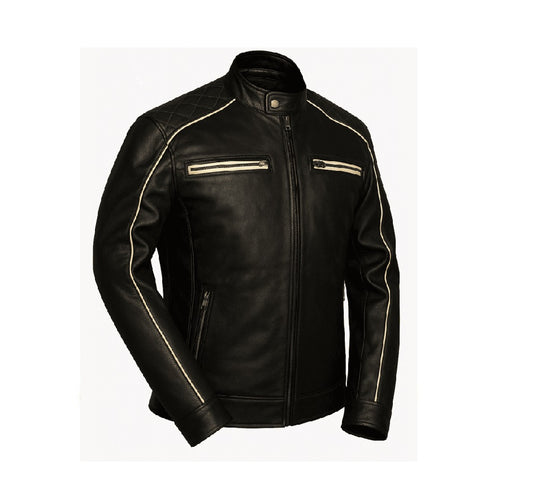 Men's Black Leather Café Racer Jacket | Cream Contrast Piping