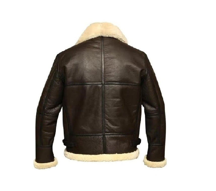 Brown leather jacket with white fur lining